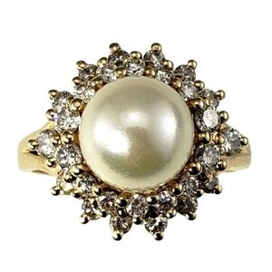 14 Karat Yellow Gold Pearl and Diamond Ring Size 7.5 #16651